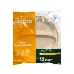 Platos desechables Wecare compostables N°9 con 3 divisiones 12 pzas